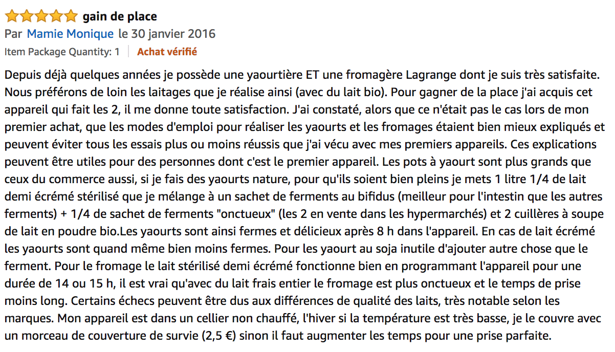 avis Yaourtière et fromage Lagrange
